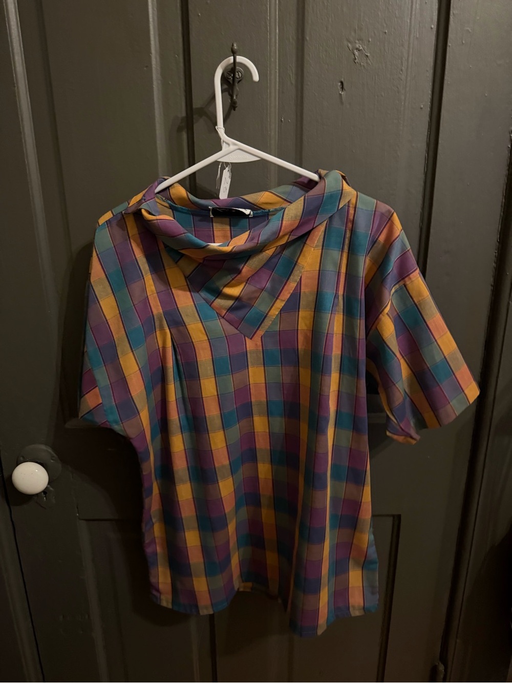 Plaid Short-Sleeve Top in Purple, Teal & Mustard